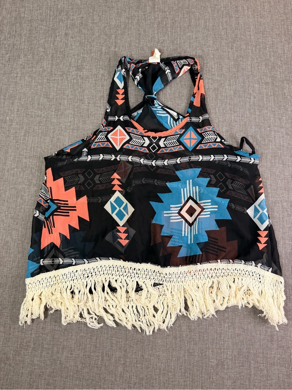 Orage Black Tribal Fringe Crop Tank with Coral and Blue Accents size Small